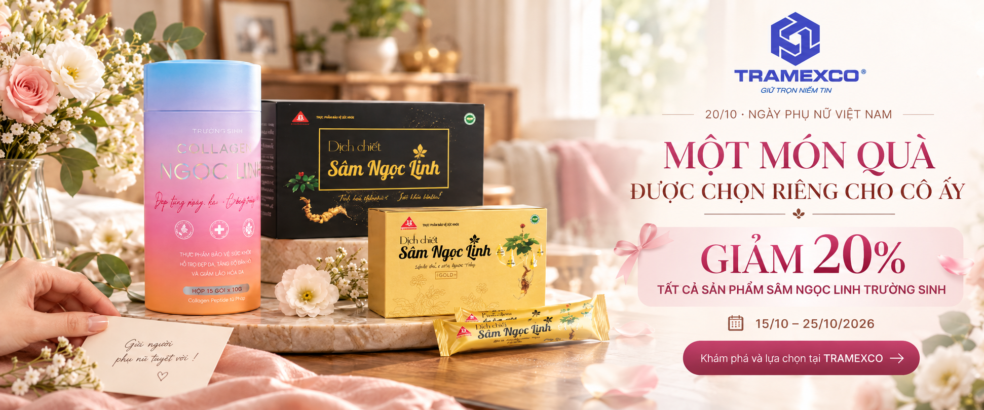 TRAMEXCO ưu đãi 20% Sâm Ngọc Linh Trường Sinh nhân Ngày Phụ nữ Việt Nam 20/10
